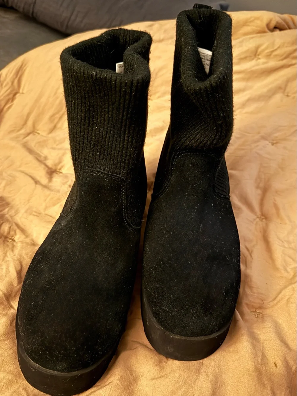 Time and Tru Black Suede Knit-Top Platform Boots